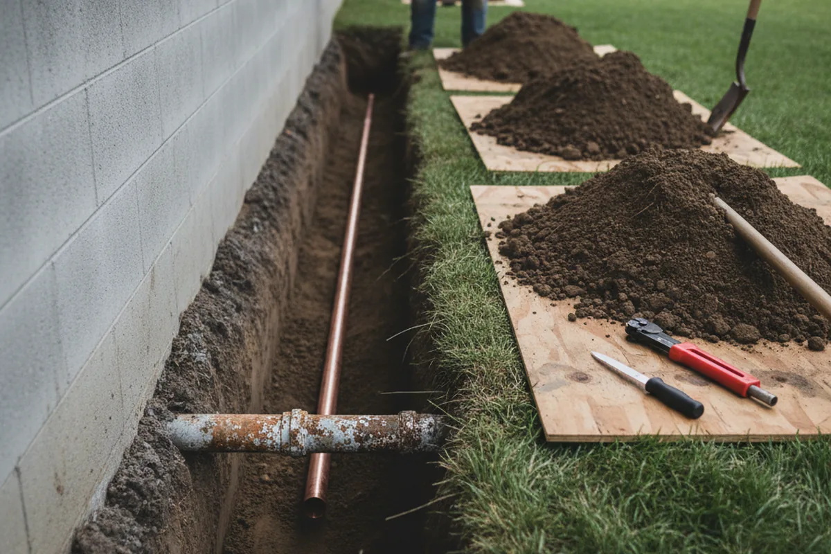 Excavated water line trench during Sewer Line Repair in Lakeville